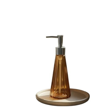 Vintage Ribbed Amber Glass Soap Dispenser Bottle | Borosilicate Glass Liquid Pump Dispenser with Stainless Steel Pump | Refillable Hand Soap, Lotion, Shampoo Dispenser for Bathroom & Kitchen