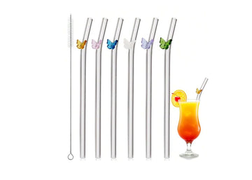 Glass Straws Set of 6 with Colorful Butterfly Design | Premium Borosilicate Straight Drinking Straws | Glass Straws for Smoothies, Cocktails, Juice, Milkshakes
