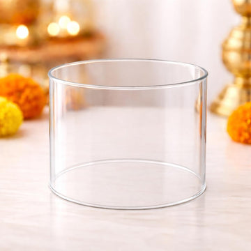 Diya Glass Cover | Heat Resistant Transparent Wind Protector Glass Cylinder for Akhand Jyot, Oil Lamp & Tealight Candle | Open-Ended Borosilicate Glass Hurricane Shield | Large