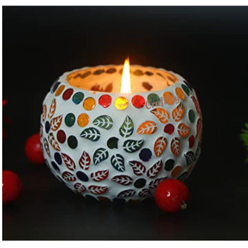 Flower Printed Mosaic Glass Tealight Candle Holders - Christmas Decorations Items for Home and Christmas Gifts