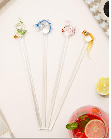 Glass Straws/Stirrer Set of 4 Reusable | Decorative Flower Bent Drinking Straws | Eco-Friendly Borosilicate Glass Straws for Smoothies, Bubble Tea, Juice & Cocktails