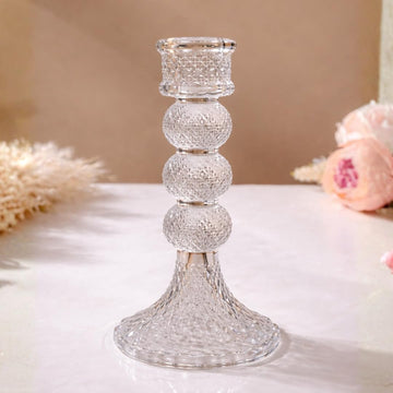 Crystal Glass Pillar Candle Holder | Triple Ball Diamond Cut Candlestick Stand | Clear Decorative Candle Stand for Wedding Centerpiece, Dining Table, Home Decor & Festive Decoration | 15 x 8 cm