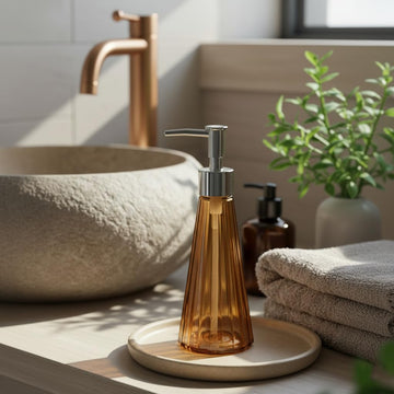 Vintage Ribbed Amber Glass Soap Dispenser Bottle