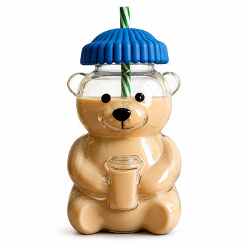 600ml Teddy Bear Glass Tumbler with Lid & Straw – Cute Borosilicate Glass Drinking Cup with Reusable Straw for Iced Coffee, Bubble Tea, Juice, Smoothies & Cold Beverages
