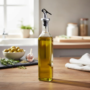 500 ml Glass Oil Dispenser Bottle with Stainless Steel Capped Pour Spout | Leakproof Olive Oil & Vinegar Dispenser | Refillable Liquid Condiment Bottle for Kitchen, Cooking, Salad Dressing & BBQ