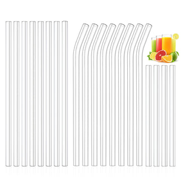 20 Pack Reusable Borosilicate Glass Straws Set – 8 Bent, 8 Straight & 4 Short Clear Drinking Straws, 8mm Thick Shatter Resistant, BPA Free for Smoothies, Juice, Cocktails & Family Use