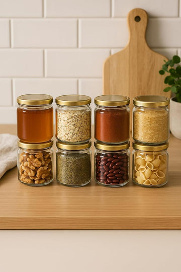 Clear Glass Storage Jars 100ml Pack of 8 with Airtight Gold Lid | Small Glass Containers for Spice, Masala, Pickle, Dry Fruits, Snacks & Multipurpose Kitchen Storage