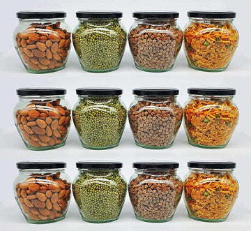 Transparent Glass Jar 400 ML with Airtight Black Metal Lid | Clear Kitchen Storage Container for Tea, Coffee, Sugar, Spices, Dry Fruits & Snacks | Multipurpose Mataki Glass Jar